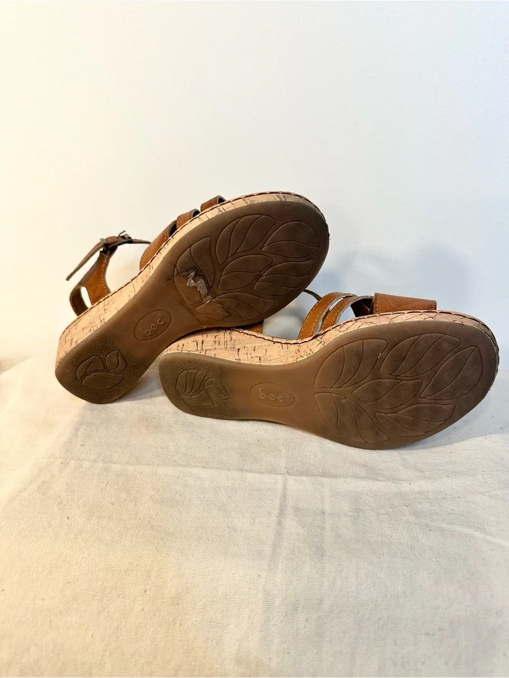 b.o.c. Tan Brown Leather Wedge Sandals with Ankle Strap